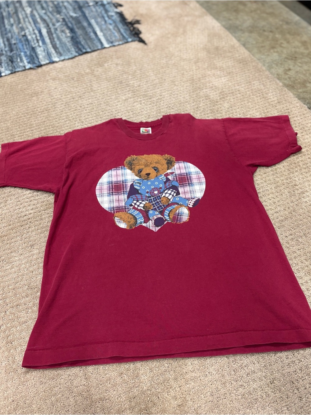 Fruit of the Loom Burgundy Short Sleeve Tee with Teddy Bear Heart Graphic